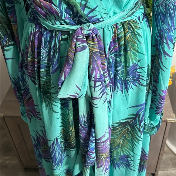 Fashion Nova Teal Tropical Midi Dress with Purple & Blue Palm Print - Picture 4 of 8